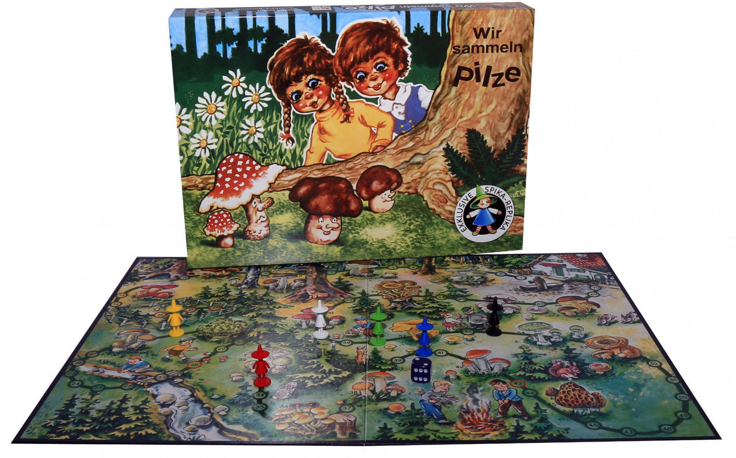 buntes brettspiel mit pilzen drauf und spielfiguren