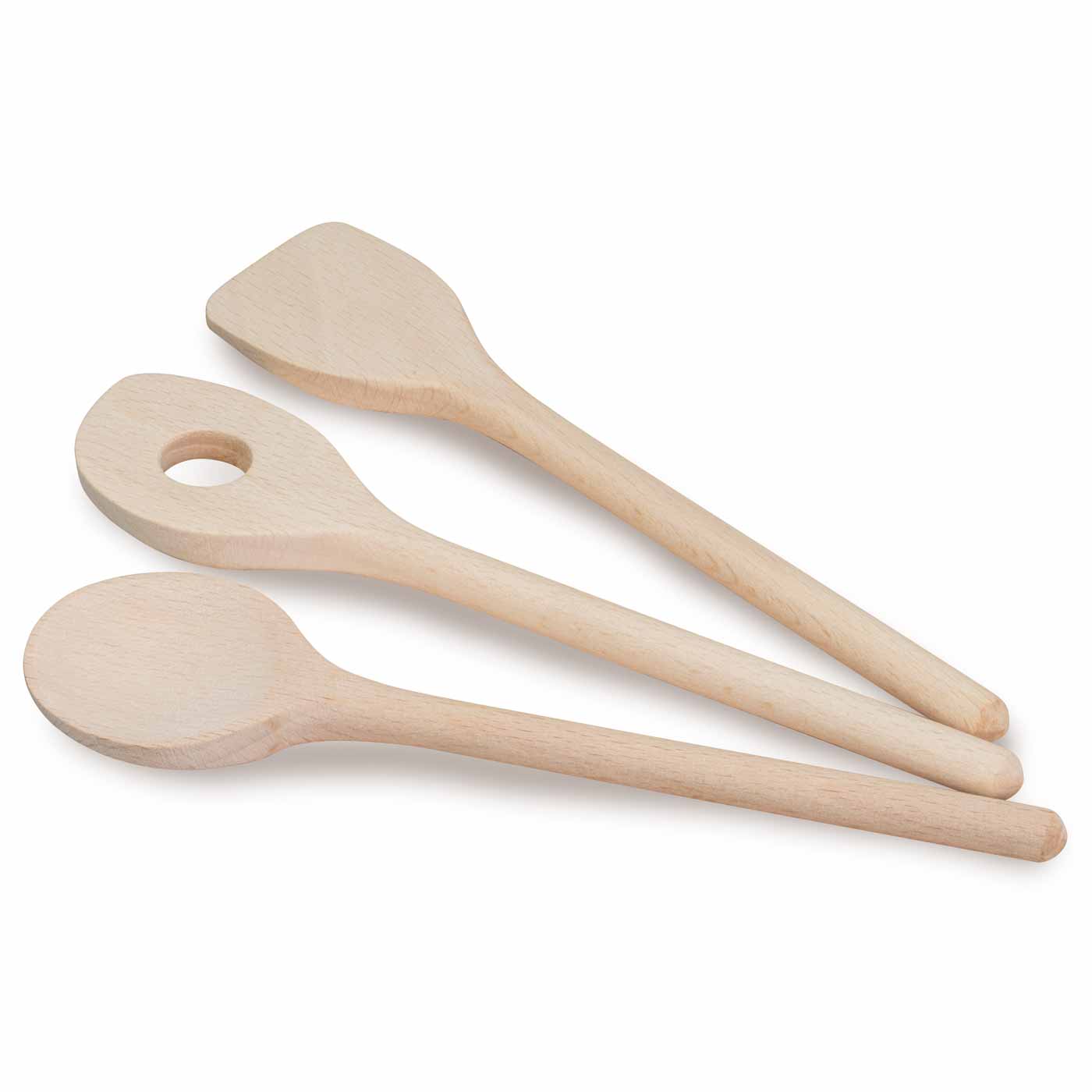 drei holzloeffel zum kochen für den puppen herd ein ruehrloeffel ein ruehrloeffel mit loch und ein spatel