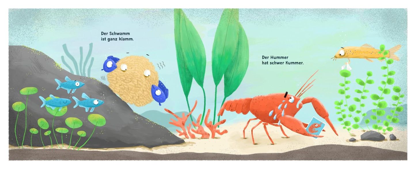 fische im aquarium die krank sind und mütze und schal tragen