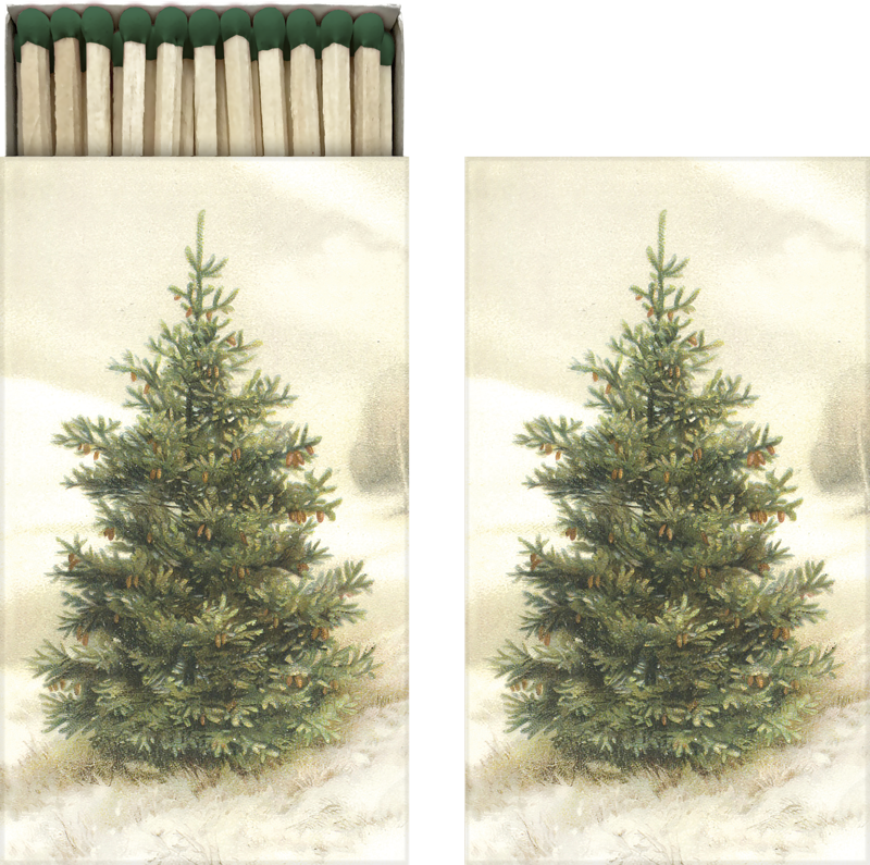 lange streichhölzer in einer beidseitig bedruckten pappschachtel mit einem tannenmotiv