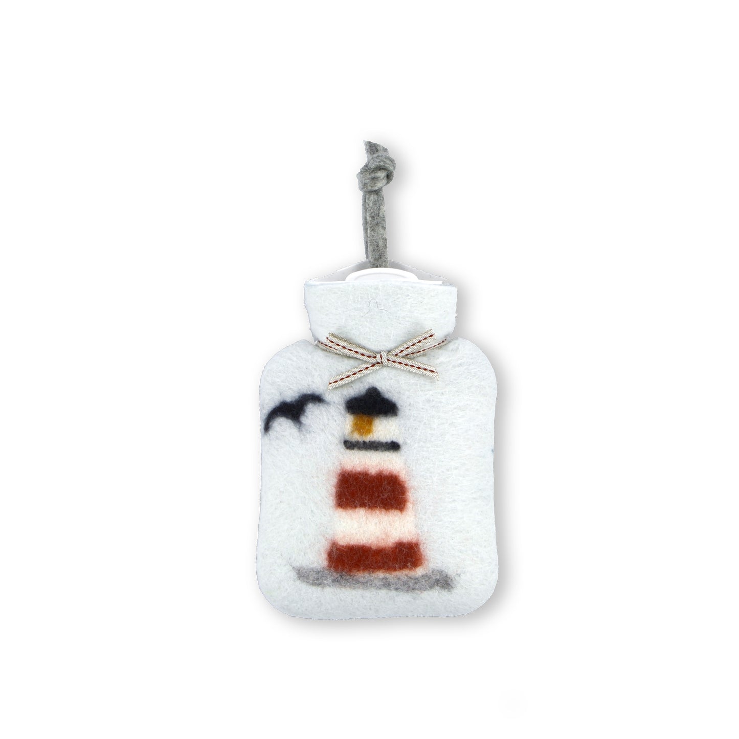 kleine hellblaue waermflasche mit leuchtturmmotiv