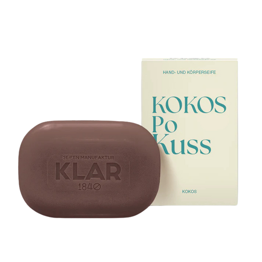Kokosseife in einem hellen Karton mit der Aufschrift, kokospokuss.