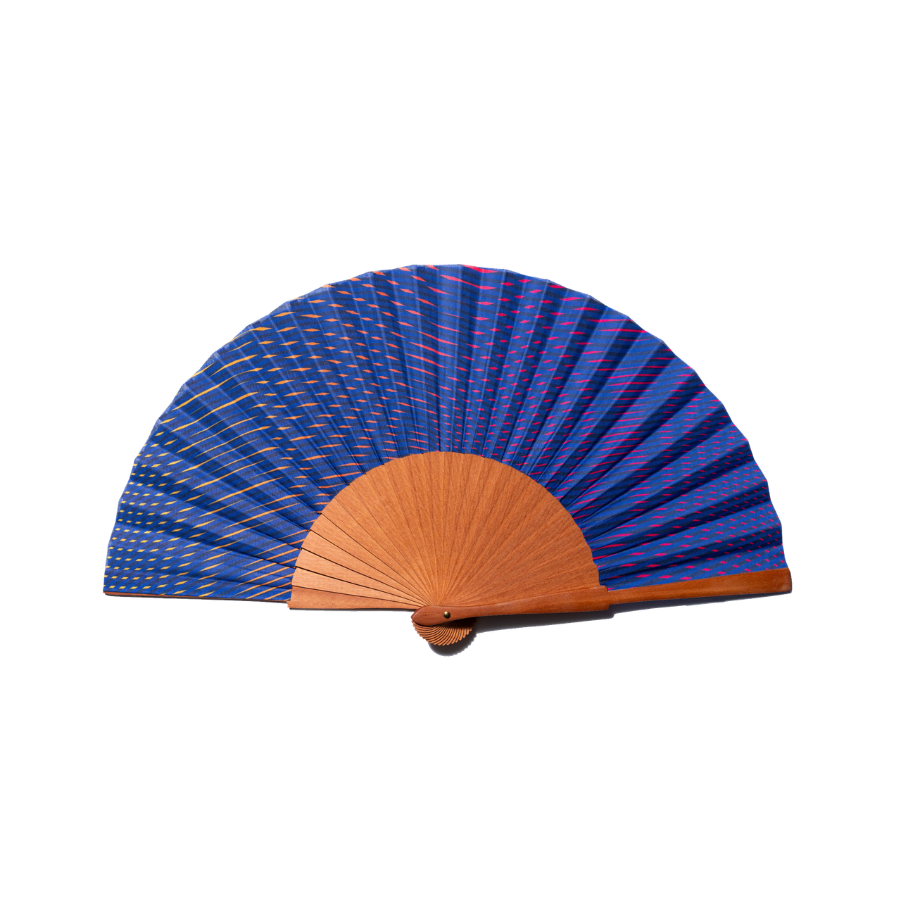 Spanischer Fächer aus blauer Baumwolle mit braunen Wellen darauf.