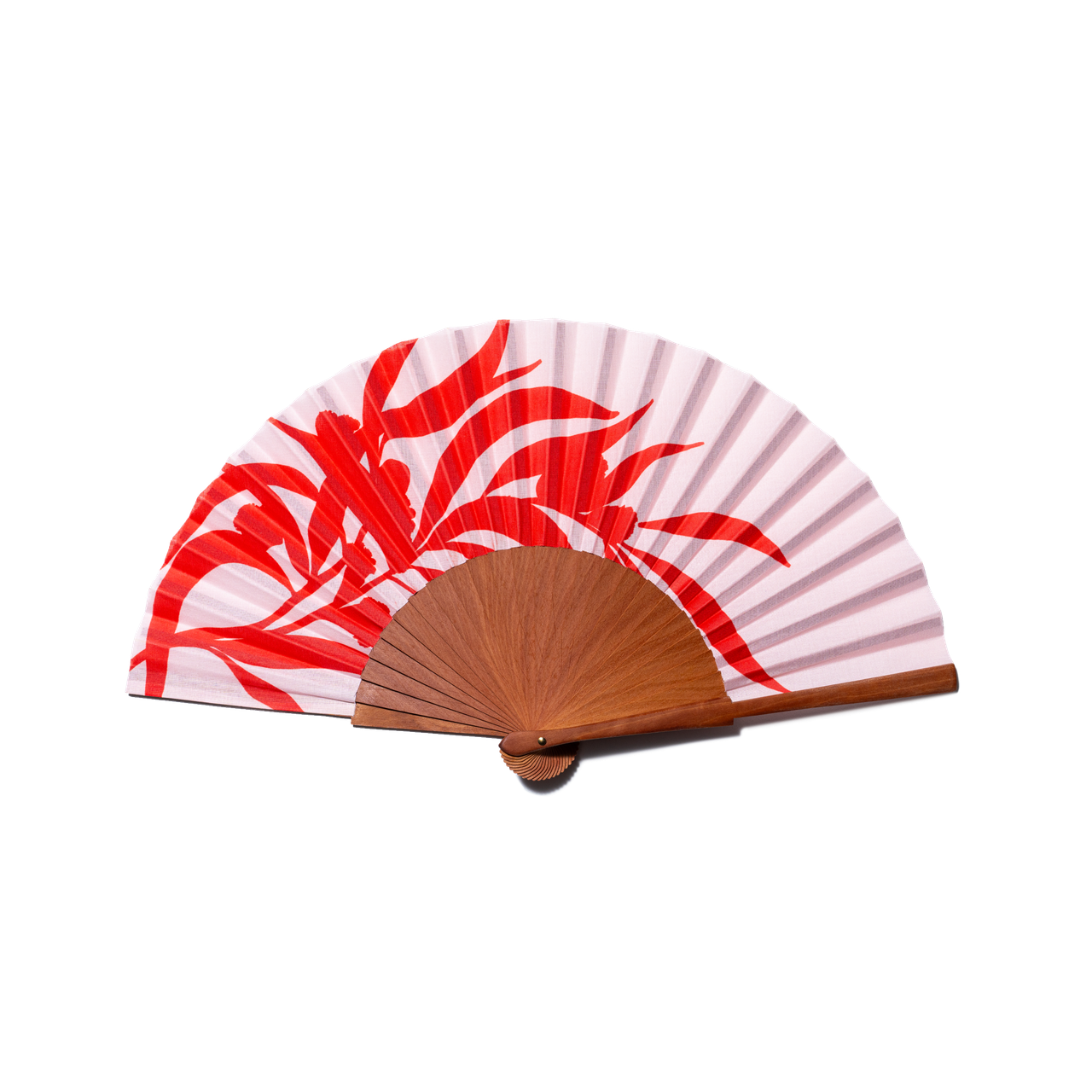 Fächer aus Holz mit rosa Baumwolle und roten floralem Muster darauf.