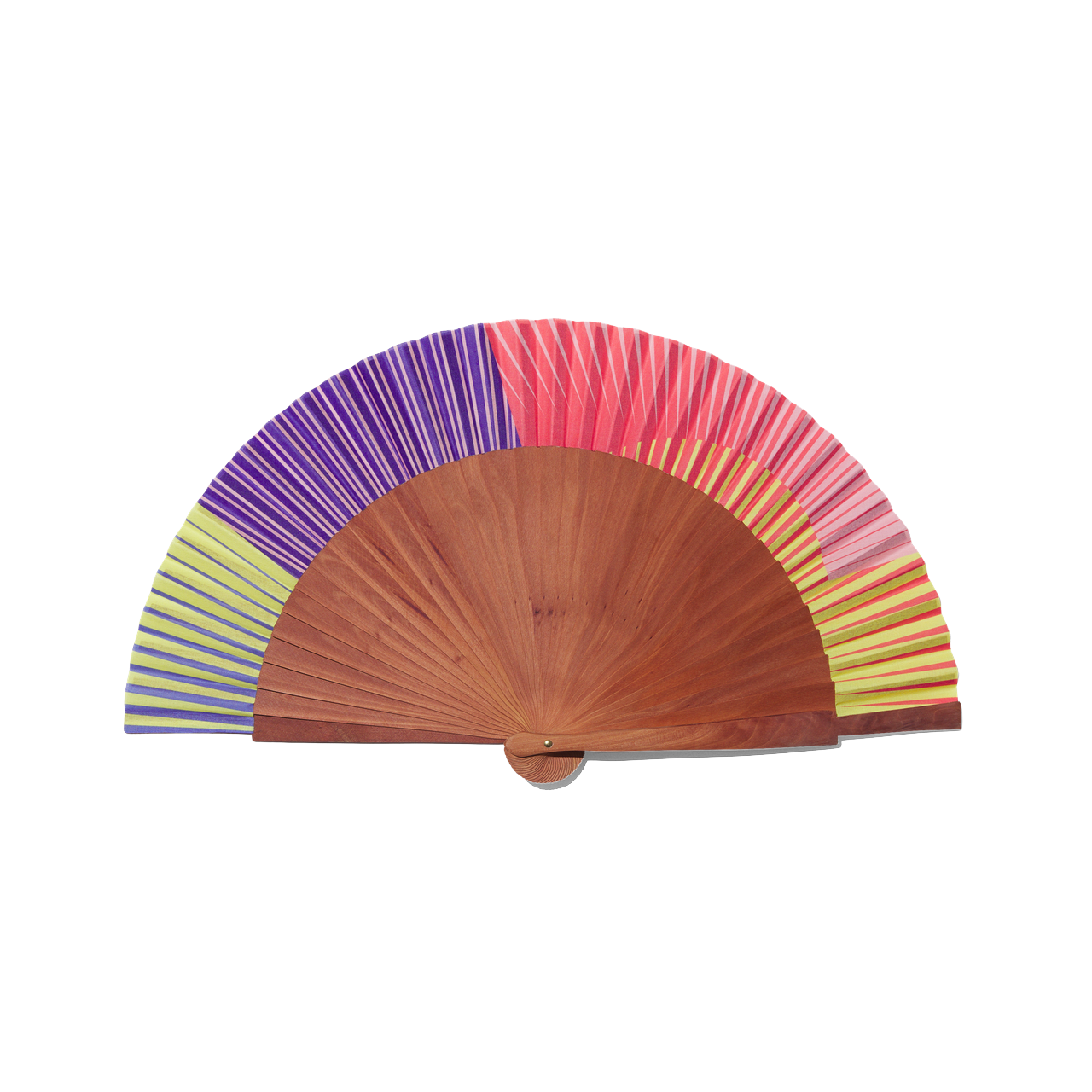 Fächer handgefertigt aus Birnbaumholz mit einem Rand aus Baumwolle mit Farbverlauf in Sommerfarben.