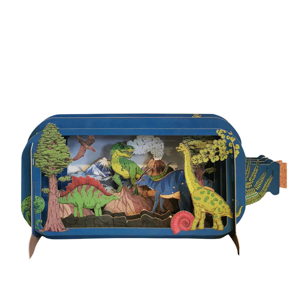 3D Pop-up-Grußkarten in Flaschenform als Flaschenpost mit Dinosauriern. Zum Aufklappen und zum Beschriften auf der Rückseite.