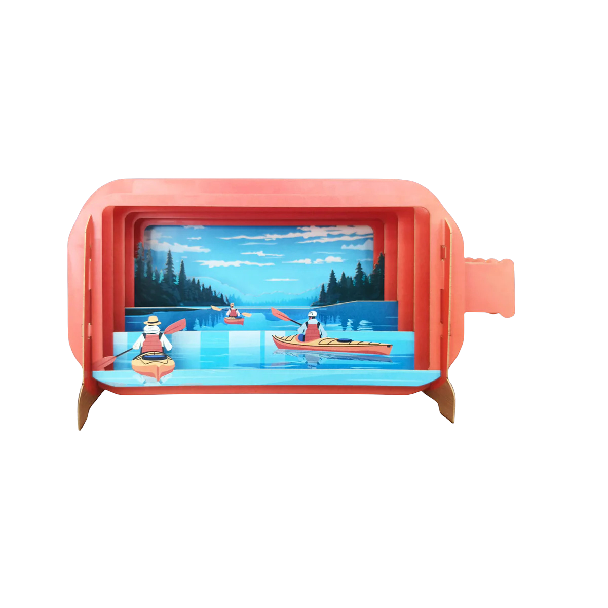 3D-Pop-up-Grußkarten in Flaschenform mit Kankufahrern auf dem Fluss. Zum Aufklappen und auf der Rückseite zum Beschriften.