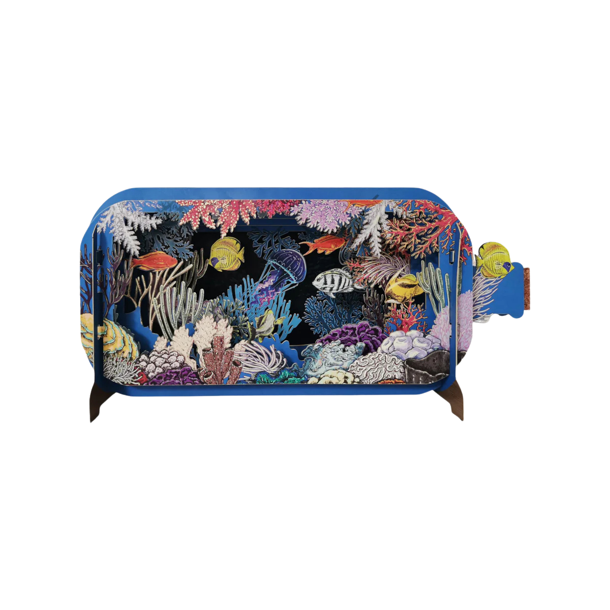 3D Pop-up-Grußkarten in Flaschenform als Flaschenpost mit Muscheln und Korallen im Meer. Zum Aufklappen und zum Beschriften auf der Rückseite.