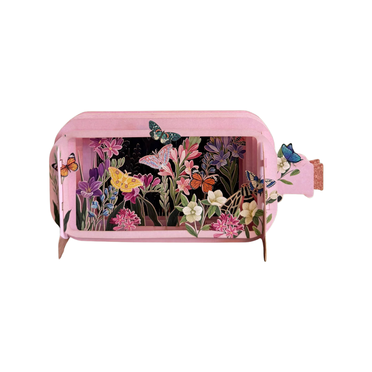 Pop-up Grußkarte mit einer Blumenwiese mit Schmetterlingen. In Flaschenform und zum Beschriften.