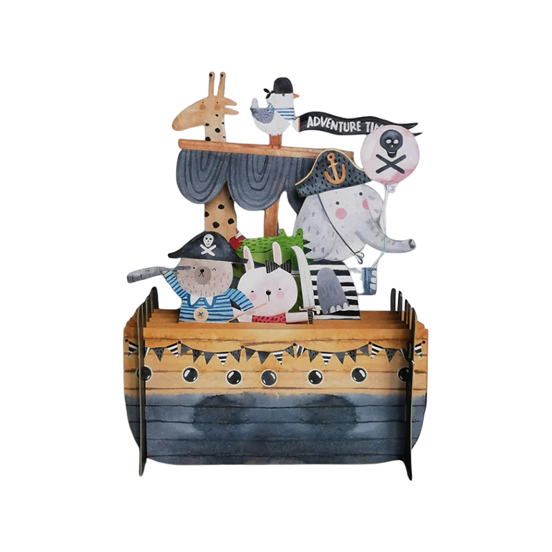 Pop-up Grußkarte zum hinstellen als Piratenboot mit Tieren als Piraten.