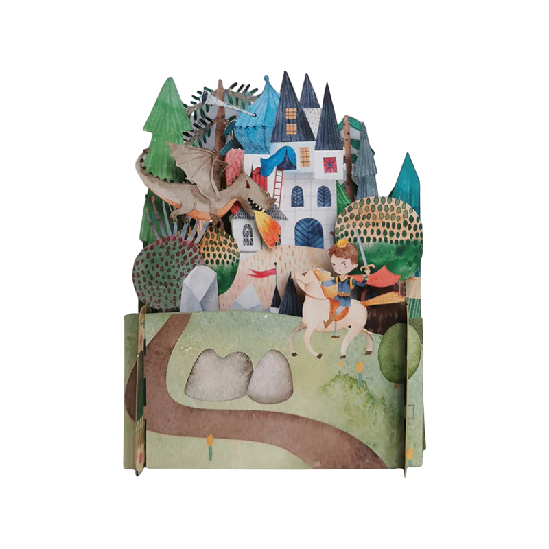 Pop-up Grußkarte zum hinstellen mit einem Schloß, einem Drachen und einem kleinen Prinzen auf einem Pferd.