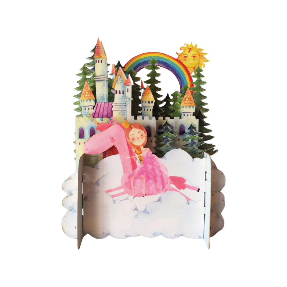 Pop-up Grußkarte zum hinstellen mit einam Schloß, Regenbogen und einer kleinen Prinzessin auf einem rosa Pferdchen.