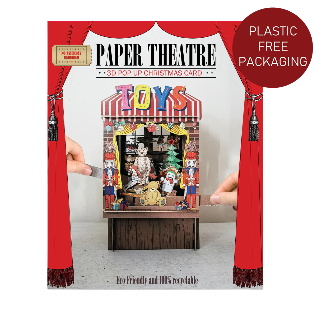 Pop-up Grußkarte als Miniaturtheater. Ein Weihnachtsabend mit Tannenbaum und vielen Geschenken.