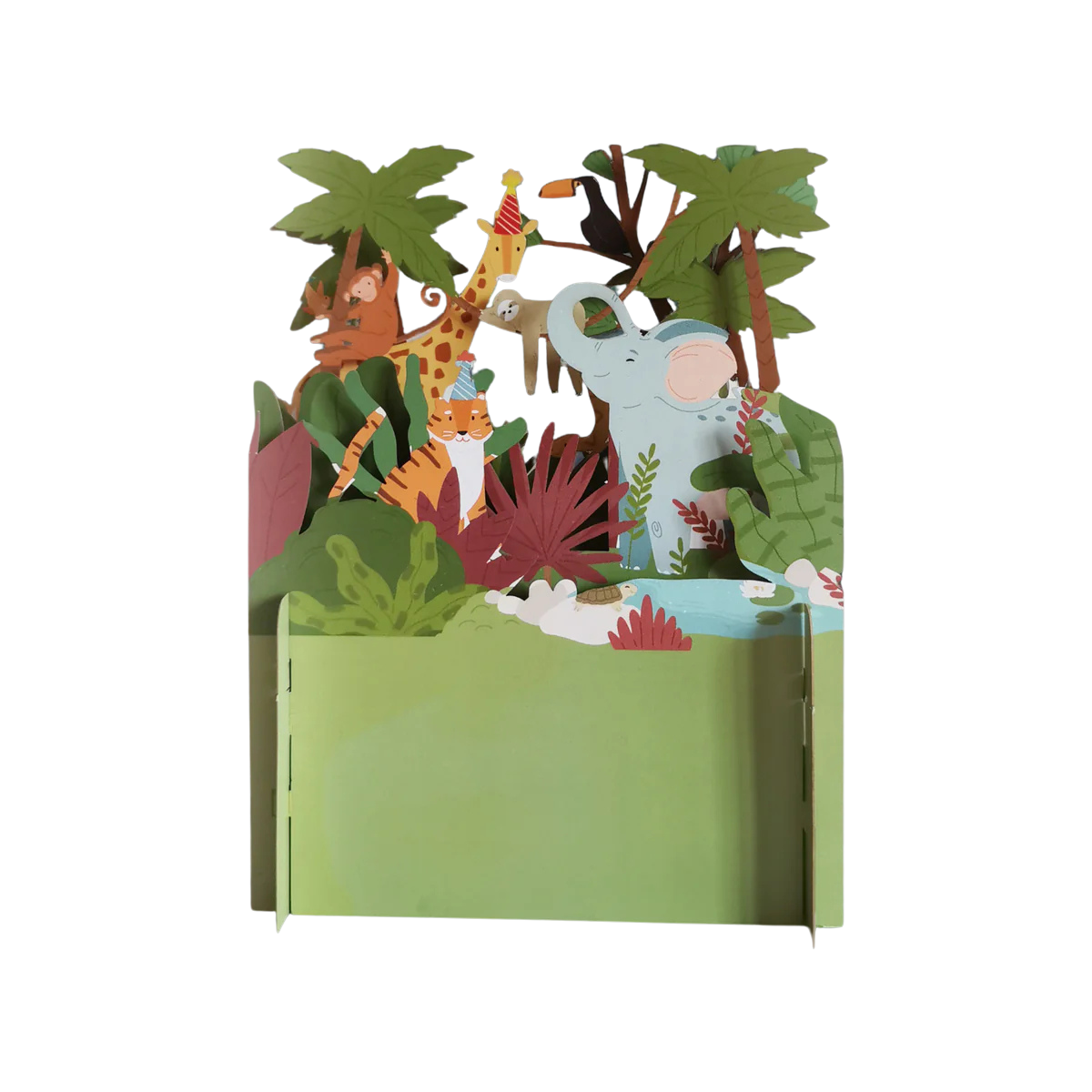 Eine Pop-up Grußkarte zum hinstellen mit Tieren in einem Dschungel.