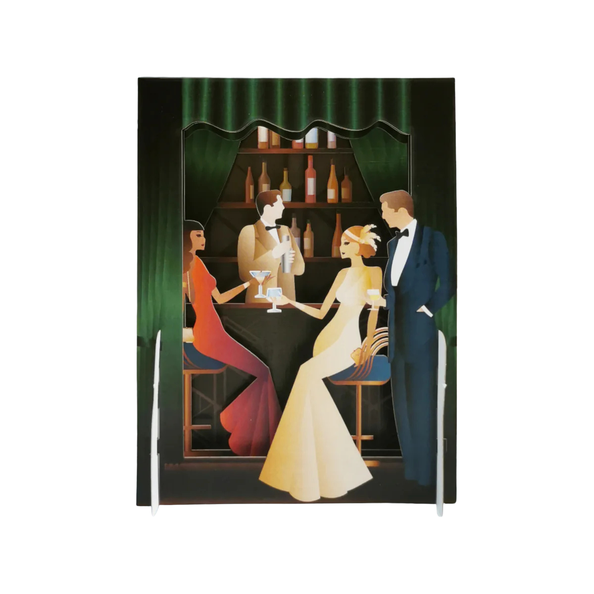 Eine Pop-up Grußkarte zum hinstellen. Gestaltet ist eine Bar mit Kellner und eleganten Gästen.