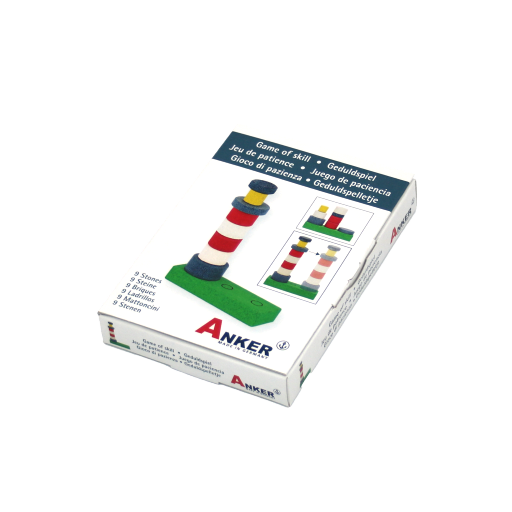 ein leuchtturm aus gestapelten bausteinen aus stein als knobelspiel verpackung