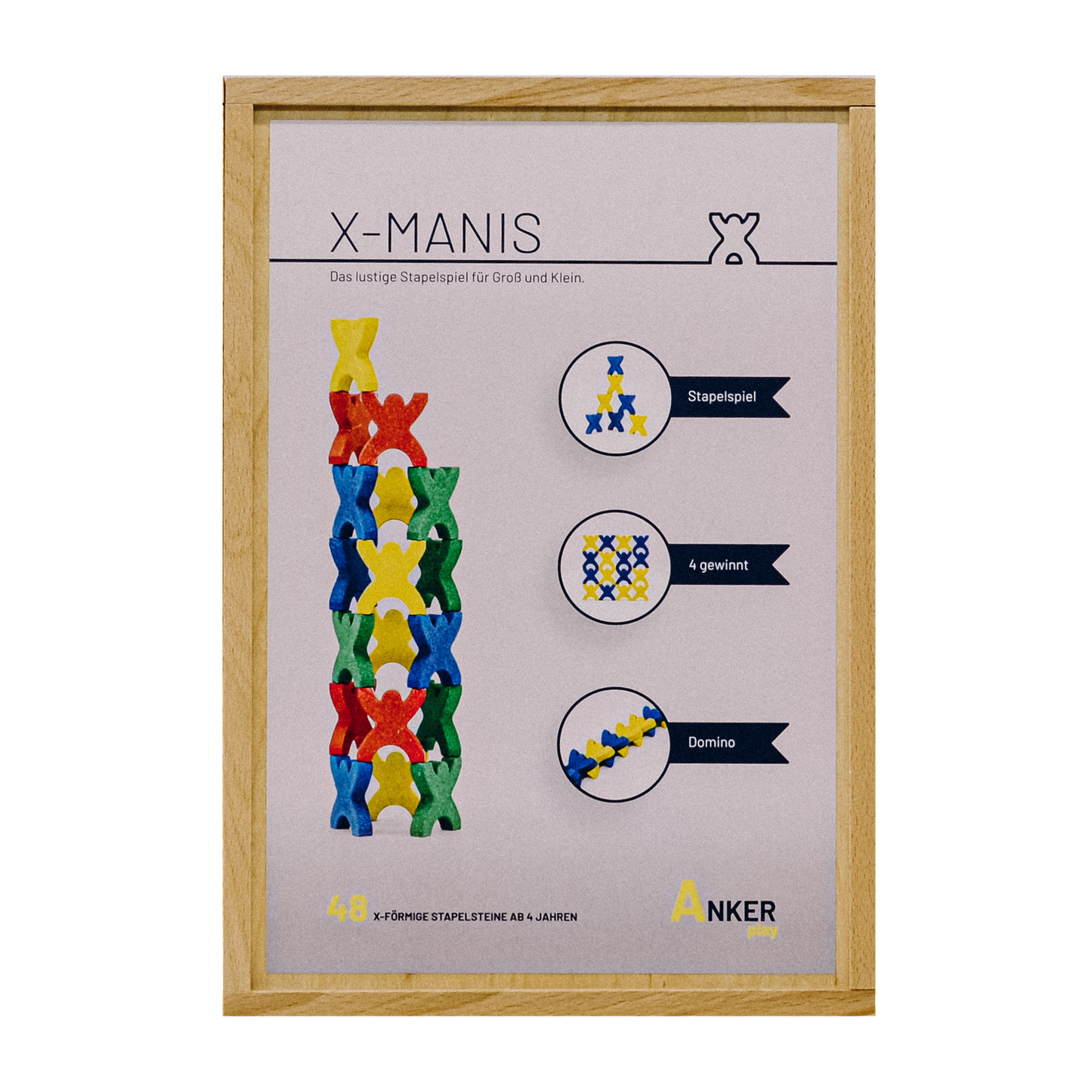Holzkiste der x förmigen Männchen aus stein mit aufdruck des inhalts