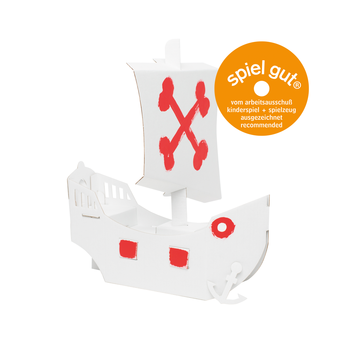 ein weißes piratenboot aus pappe mit segel und anker zum basteln und bemalen