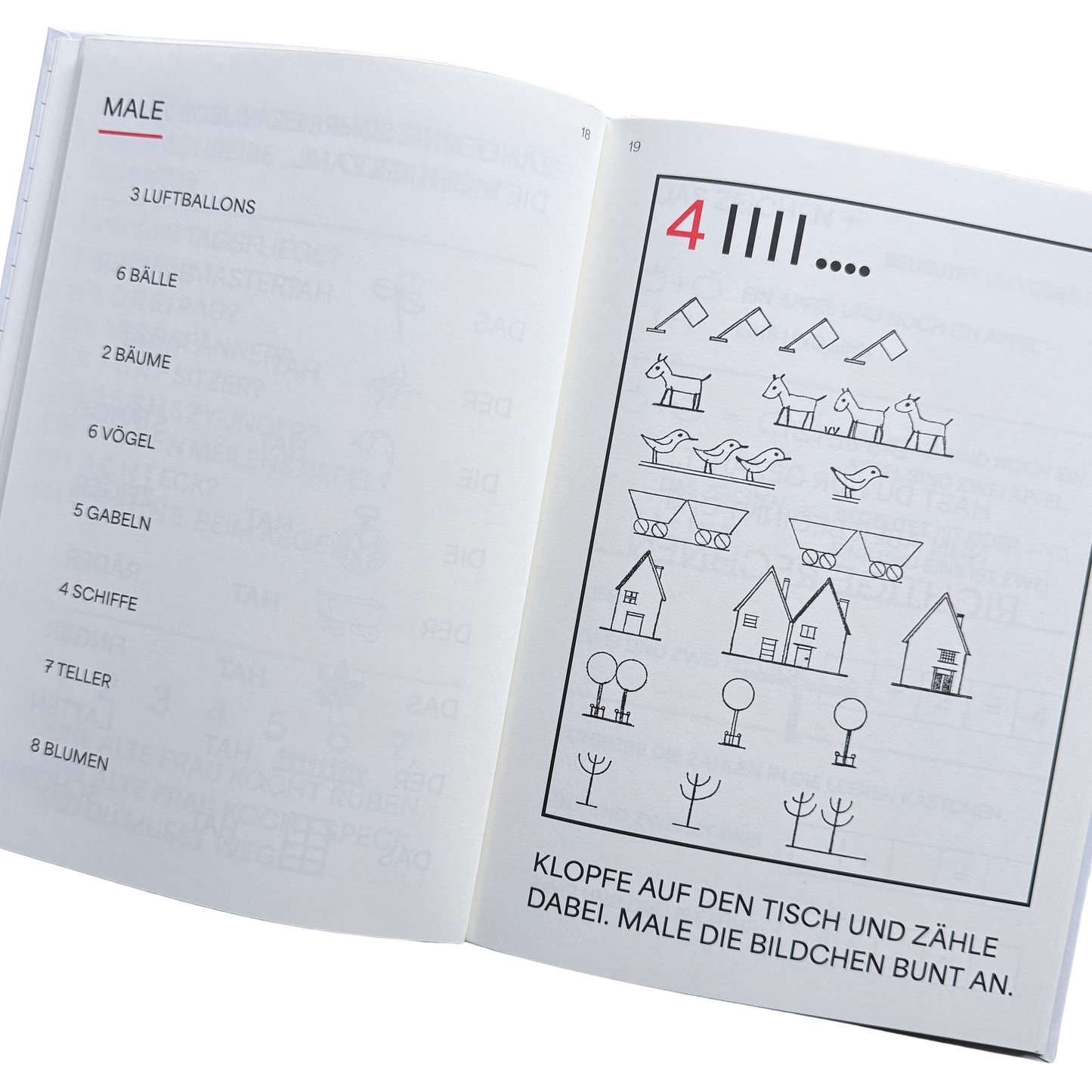 Ein Lernbuch zum Rechnen lernen. Hurra - wir rechnen. Anzahl der Gegenstände malen und Anzahl auf dem Tisch klopfen.