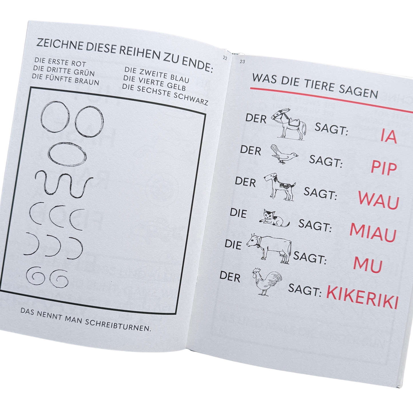Ein Lernbuch zum Schreiben und Lesen lernen. ABC - Hurra wir lesen! Hurra wir schreiben! Seite zum Nachzeichnen von Linien und Lesen, was die Tiere sagen.