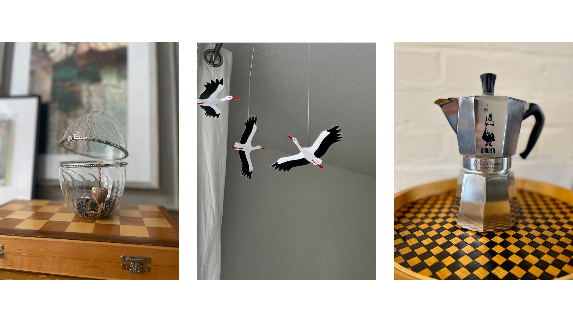Collage mit einer Dose aus Glas, einem Storchenmobile und einer
Bialetti aus Alu.