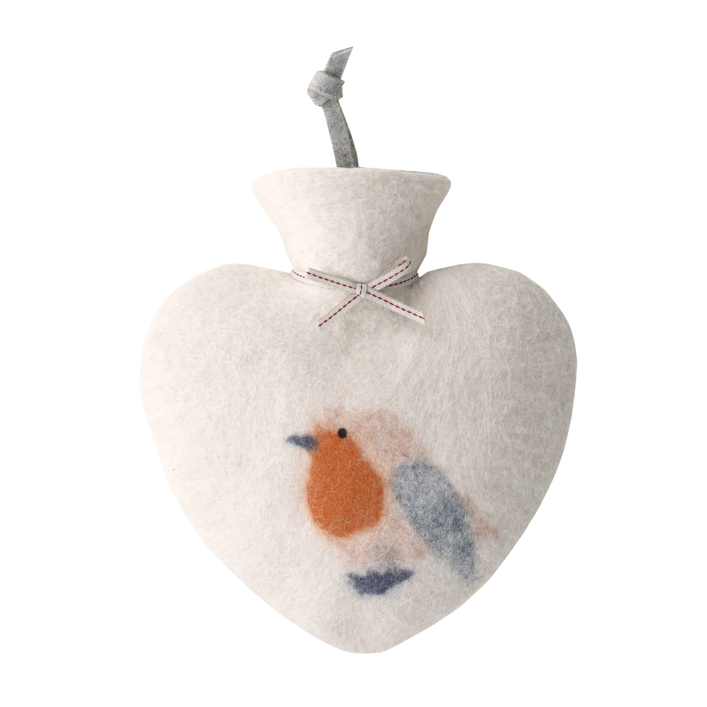 Wärmflasche in Herzform aus Merinowolle mit einem Rotkehlchen darauf.
