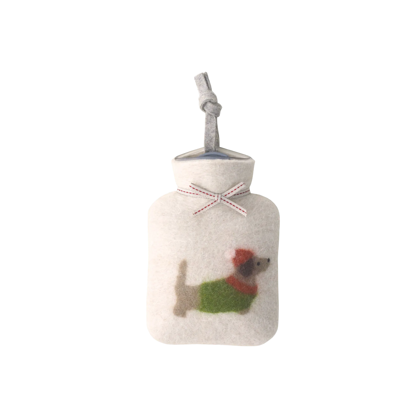 Wärmflasche aus Merinowolle mit Dackelmotiv.