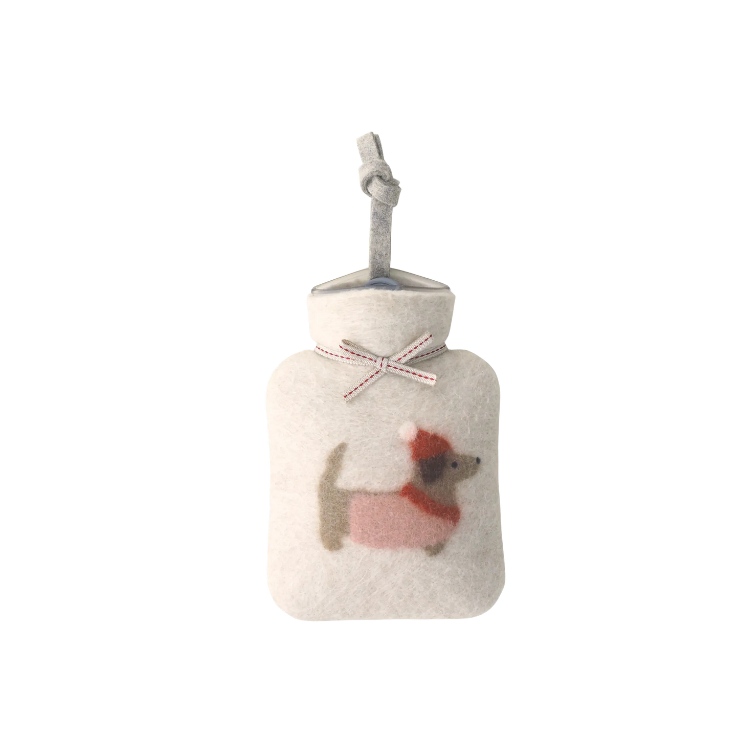 Wärmflasche aus Merinowolle mit Dackelmotiv.