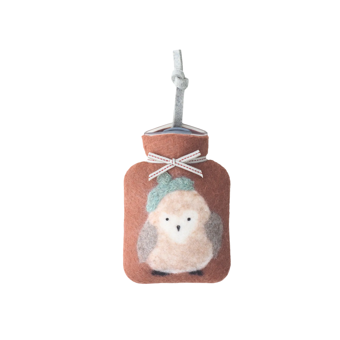 Kleine Wärmflasche aus Merinowolle mit Eulenmotiv.