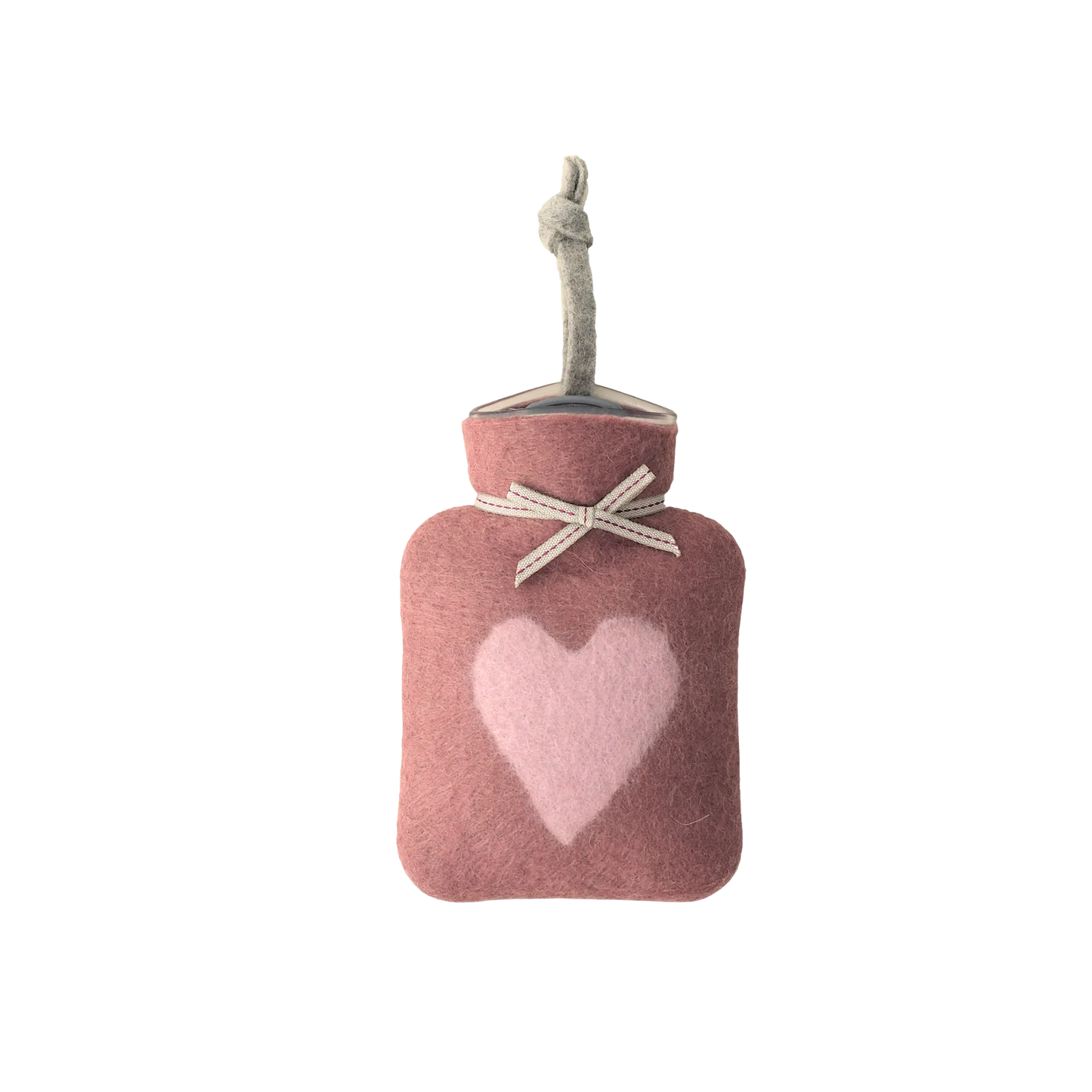 Kleine Wärmflasche aus Merinowolle mit einem Herzmotiv.
