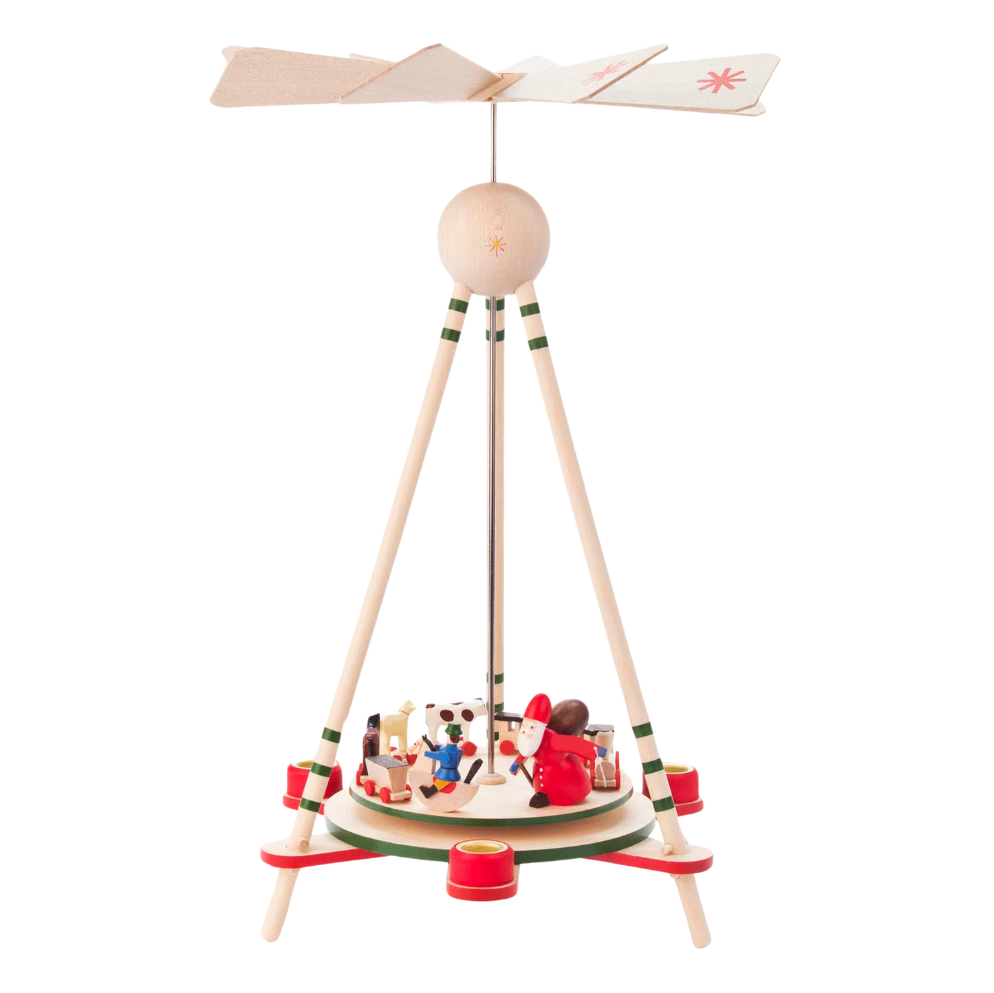 Weihnachtspyramide Entwurf Max Schanz aus dem Erzgebirge. Natur mit nostalgischem kleinen Spielzeug und einem Weihnachtsmann.