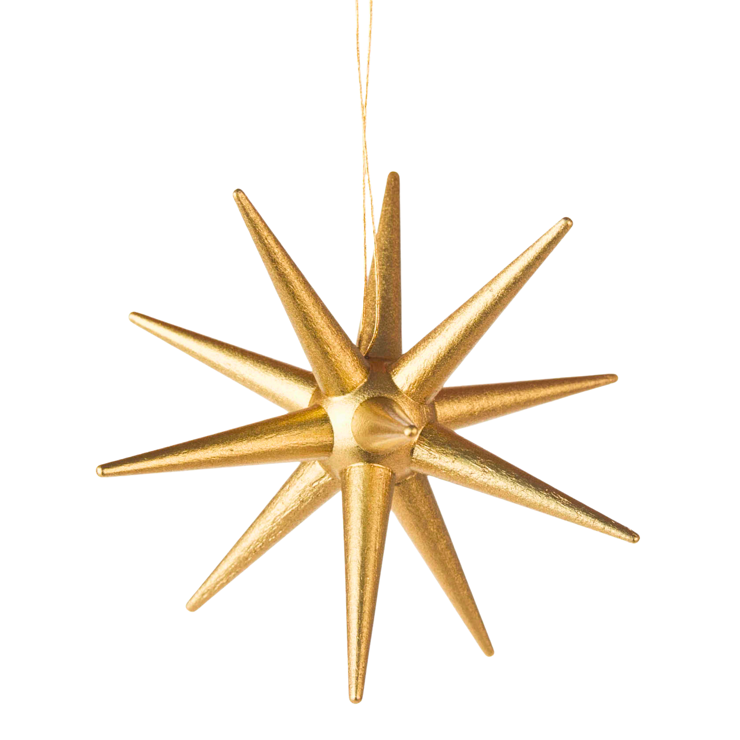 Ein goldener Stern aus Holz als Baumanhänger.
