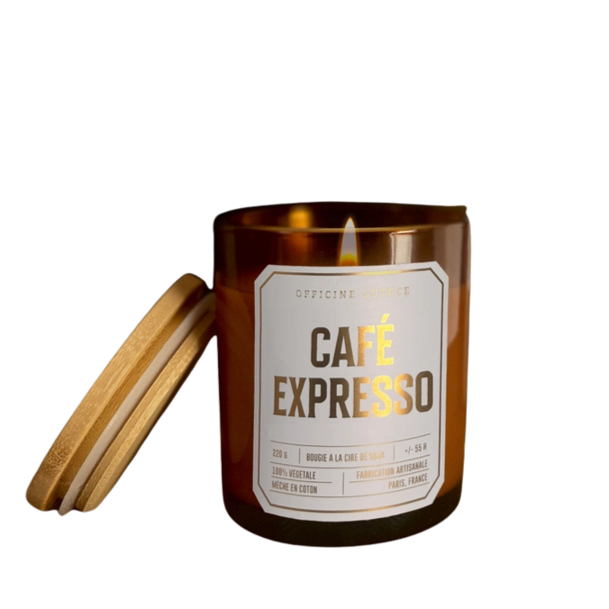 Duftkerze Espresso in einem bernsteinfarbenen Glas mit Holzdeckel.