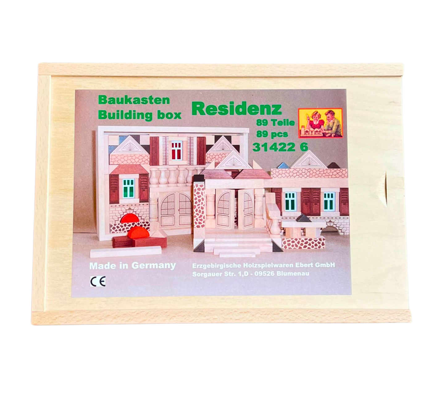 Ein traditioneller Holzbaukasten aus Blumenau. Gestalte nostalgische Gebäude mit Säulen und Mauerwerk.