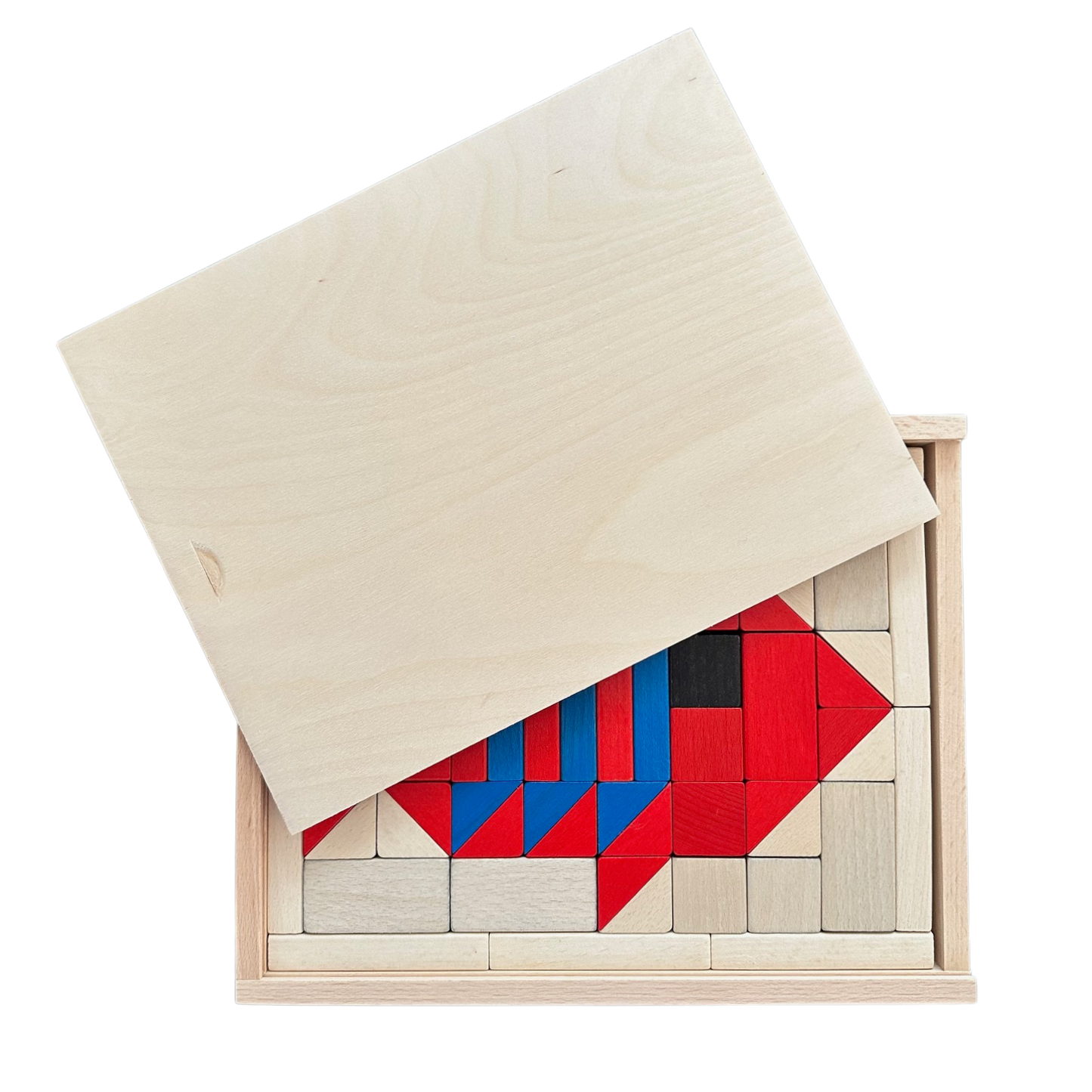 holzbaukasten fisch mit roten, blauen und naturfarbenen bausteinen aus holz