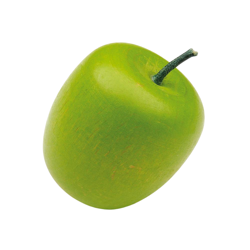 Ein grüner Apfel aus Holz mit Stiel für den Kaufmannsladen.