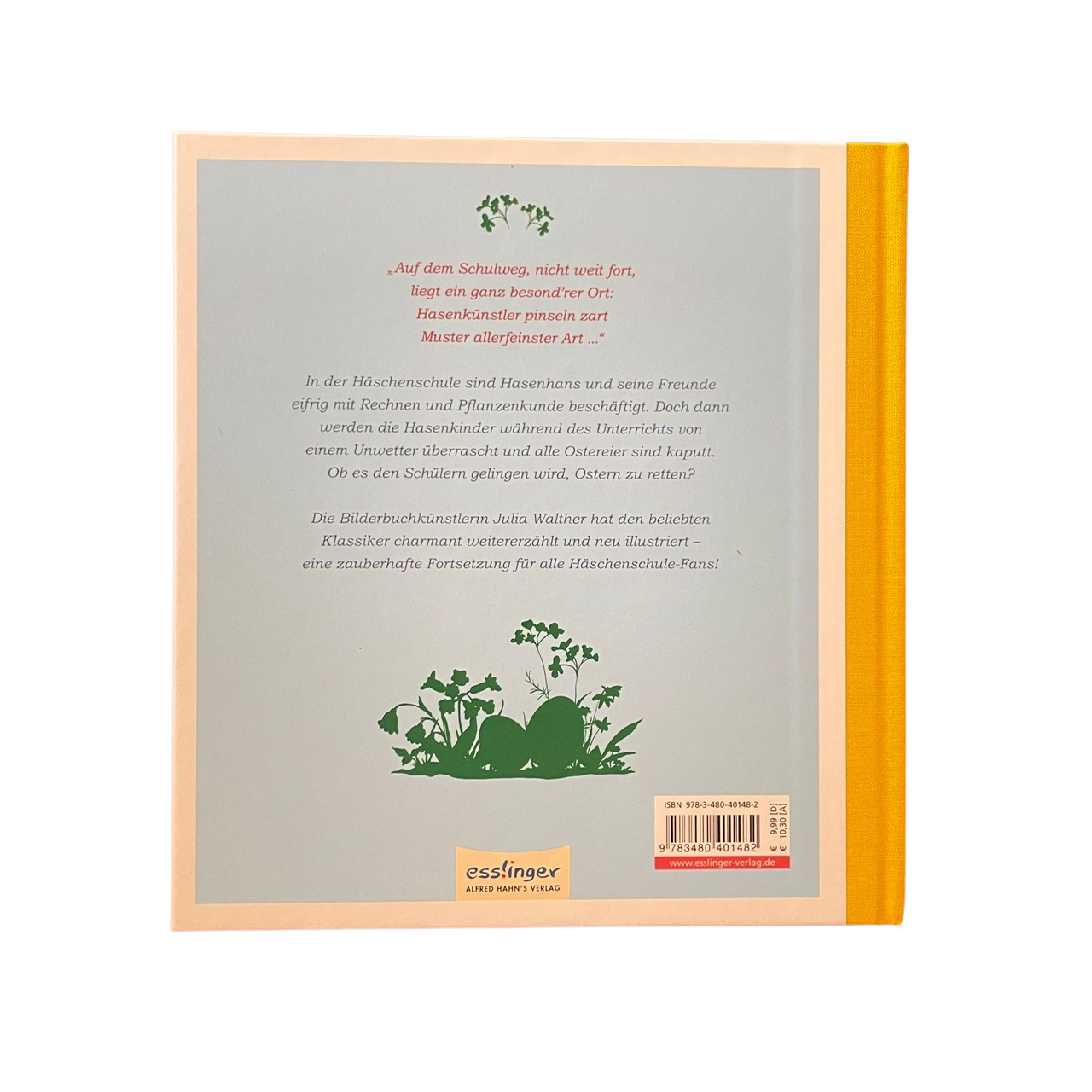 Rückseite von einem Kinderbuch mit Schrift und zwei grünen Eiern im Gras.