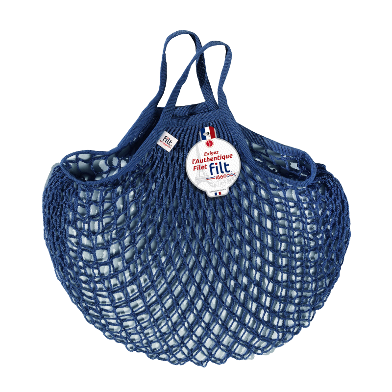 Einkaufsnetz aus Baumwolle in tintenblau mit einem kurzen Henkel.