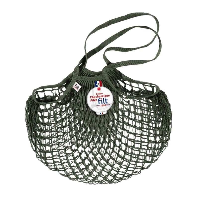 Einkaufsnetz aus Baumwolle in kaki mit einem langen Henkel.