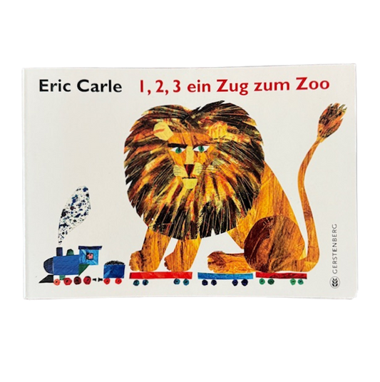 Kinderbuch Cover und ein Löwe sitz auf einer kleinen Eisenbahn.