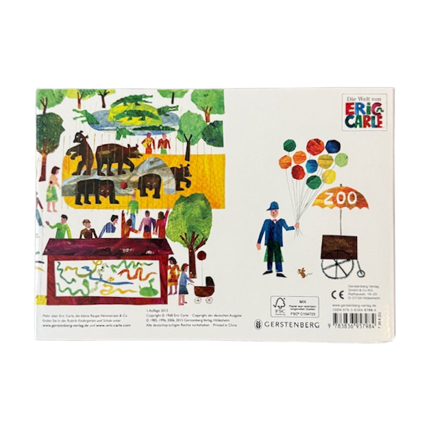 Kinderbuch Cover mit gezeichneten Tieren und Menschen in einem Park.
