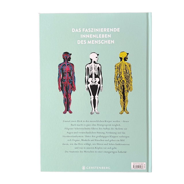 Buchcover mit drei Skeletten mit Adern, Venen, Muskeln und Knochen.