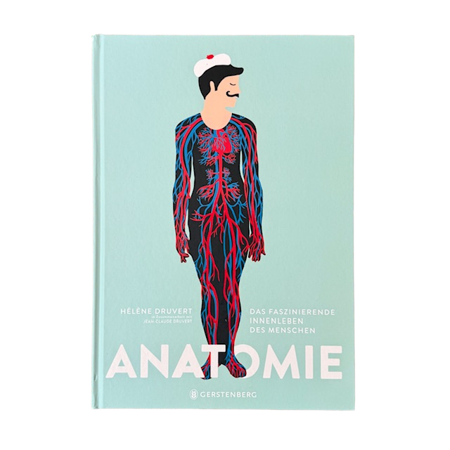 Ein Cover Anatomiebuch mit einem gezeichneten Menschen mit Blutkreislauf.