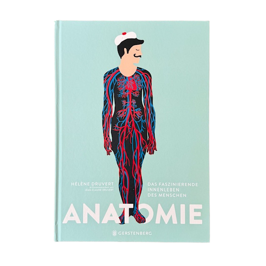 Ein Cover Anatomiebuch mit einem gezeichneten Menschen mit Blutkreislauf.