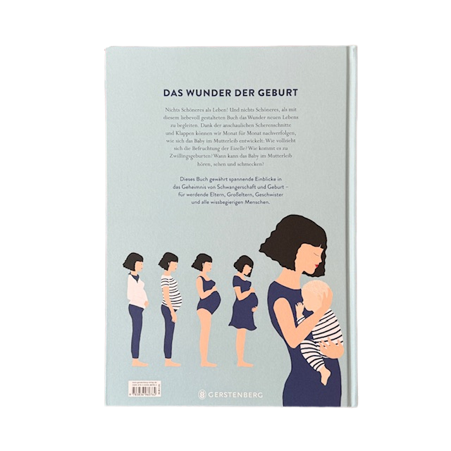 Buchrücken einer illustrierten Schwangerschaft und dem wachsenden Bauch bis zum Baby auf dem Arm.