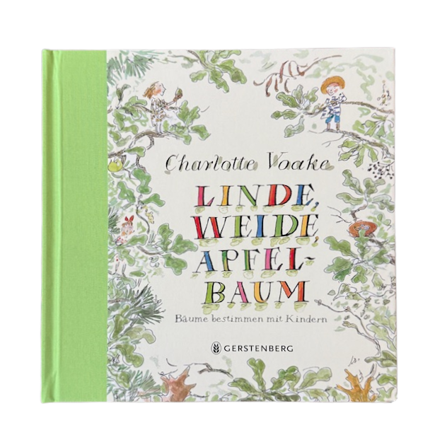 Kinderbuch Cover mit gezeichneten Blättern verschiedener Bäume.