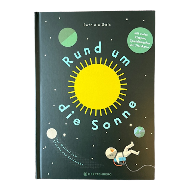 Kinderbuchcover mit unserer Sonne, Paneten und einem Kosmonauten.