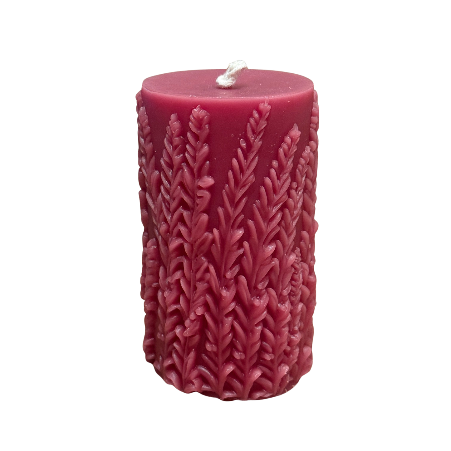 Stumpkerze mit Heide Relief in rot aus Bienenwachs.