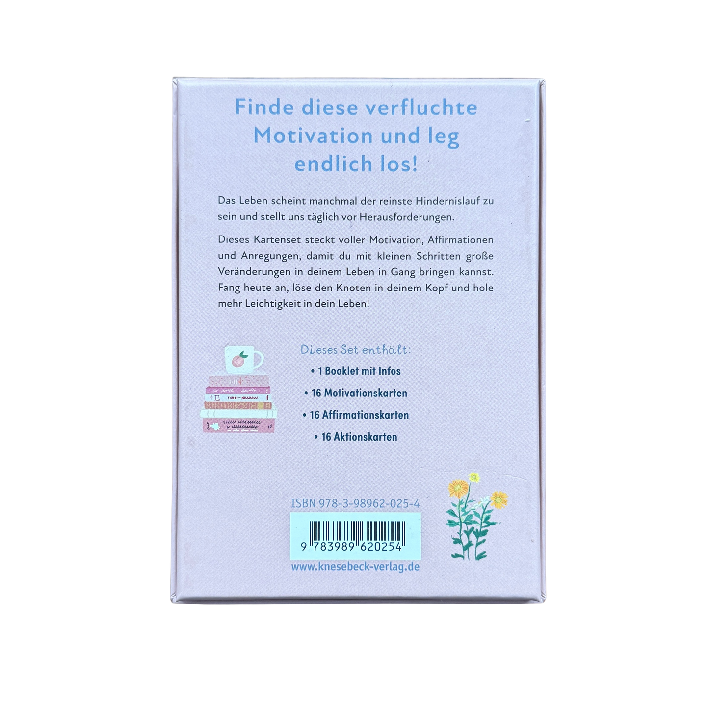 Motivationskartenset für Frauen. Rückseite der Verpackung mit Inhaltsangabe.