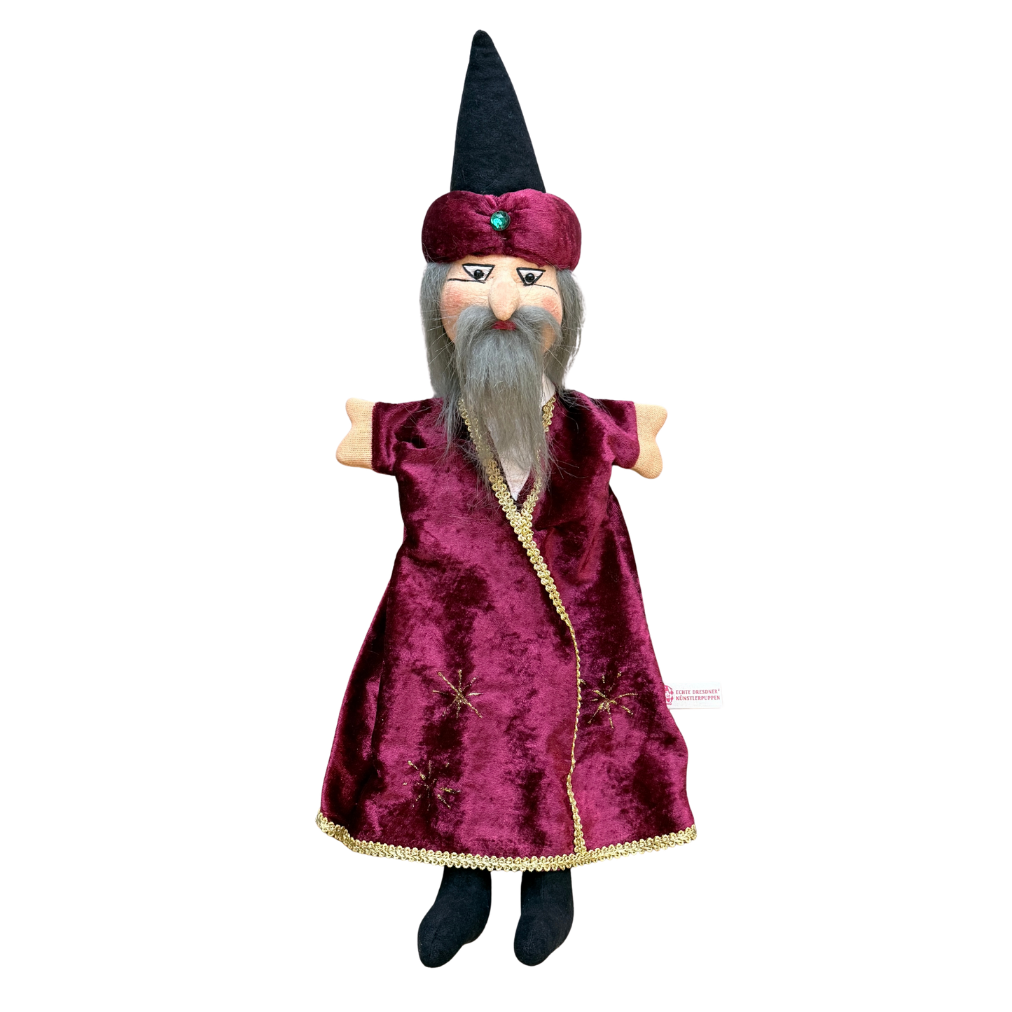 kasperpuppe handgeferigt zauberer mit weinrotem hut und langem roten gewand mit schwarzen beinen